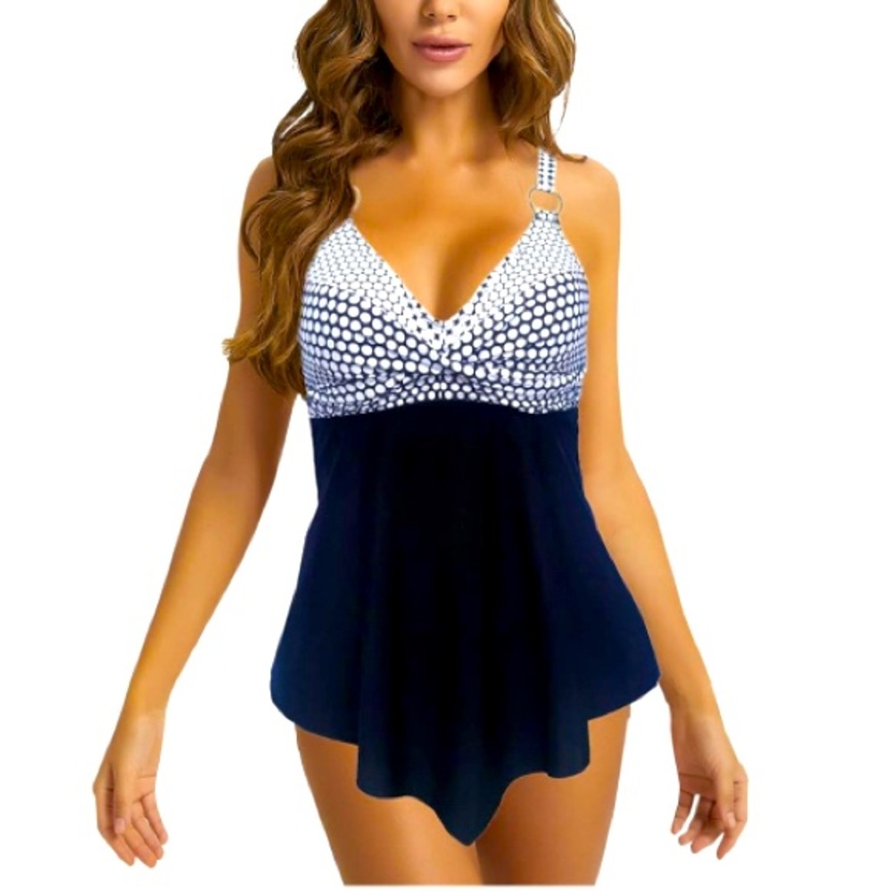 Black White Polka Dot Color Block V Neck 2 Piece Swim Tankini Suit S: 2XL